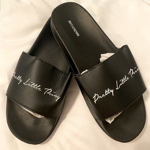 PRETTYLITTLETHING Black Graphic Slides. Never worn.
